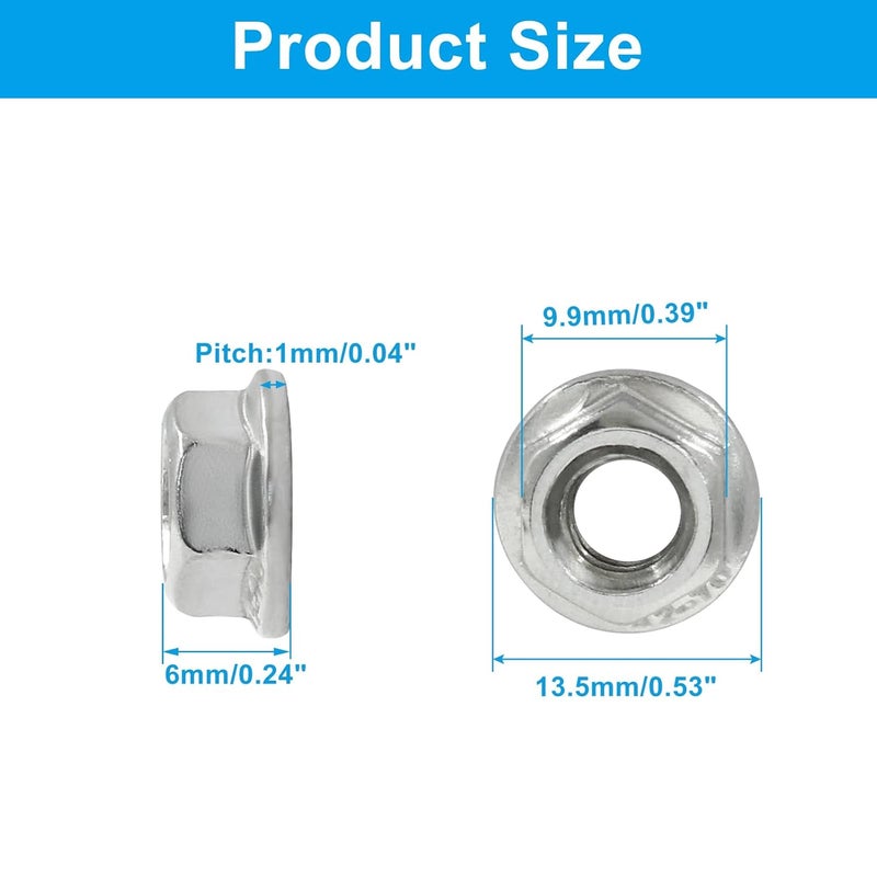 Dijedev M6/1mm Serrated Flange Hex Nuts, 30Pcs Hexagon Flange Nuts, 304 Stainless Steel 18-8, Full Thread, Hex Drive, Bright Finish - Image 2